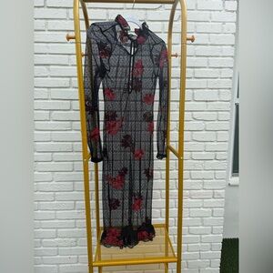 AKIRA Black Sheer Mesh Maxi Dress with Red Rose Appliqué size S